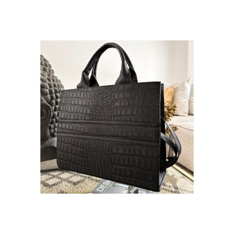 Bolsa Tote Grande nacional sintético grabado Croco Negra